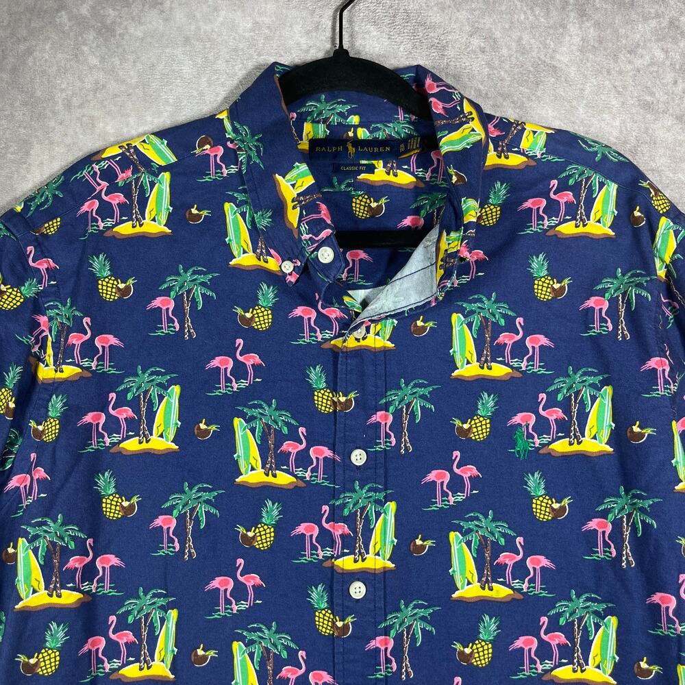 Ralph Lauren Shirt Mens XL Blue Flamingo Island Print Classic Fit Beach Tropical - Picture 2 of 9